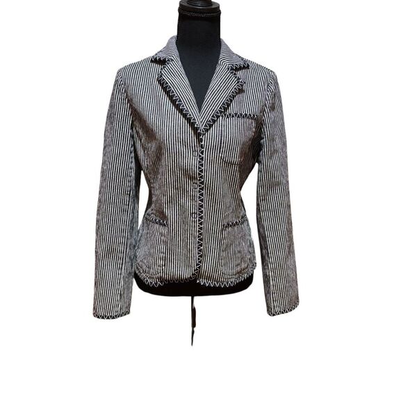 TALBOTS Black & White Railroad Stripe Stretch Denim Blazer Jacket 8 - Picture 1 of 7